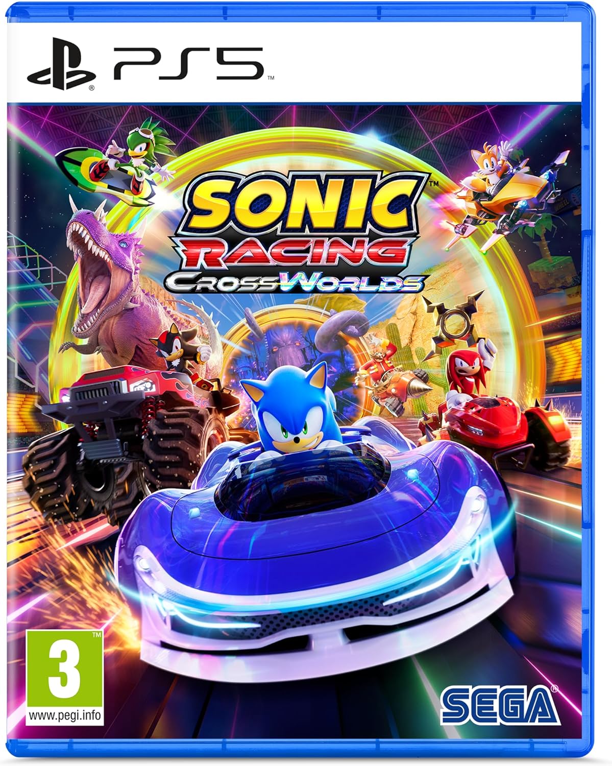 PlayStation 5 game disc cover for 'Sonic Racing: Cross Worlds' featuring Sonic the Hedgehog.