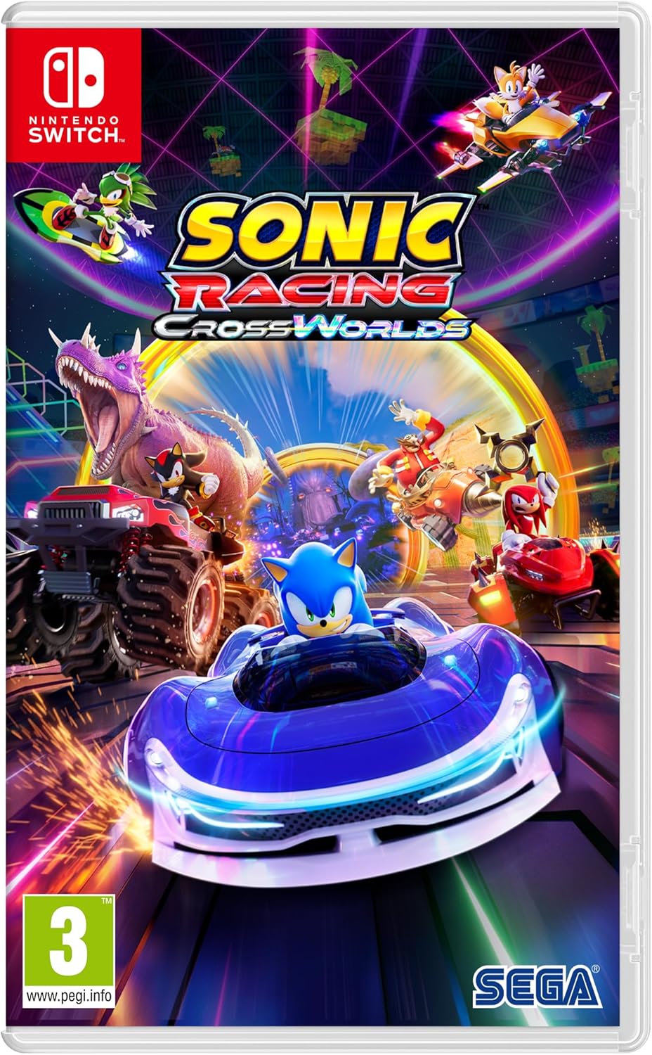 Sonic Racing Cross Worlds game cover for Nintendo Switch with Sonic the Hedgehog on a hoverboard.