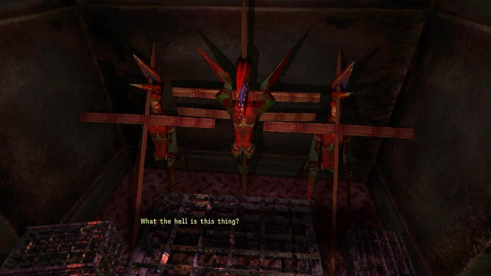 Game interface with a character looking at a large dragon-like creature in a dark room.