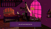Character in a stylized bedroom with a pink window and text overlay.