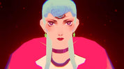 Character with blue hair and green earrings against a dark background
