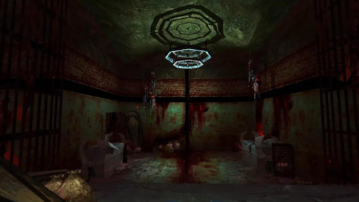 A dark, horror-themed interior scene with a barred room, stained walls, and a glowing circular light near the ceiling. The image appears to be a digital artwork or game-style environment rather than a standard retail product photo.