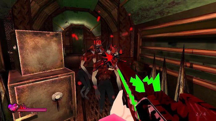 A first-person shooter video game screenshot showing a player holding a red gun with green glowing accents, aiming at two zombie-like enemies in a dark, dilapidated interior hallway. Red blood splatters and a health/pierce indicator are visible on screen.