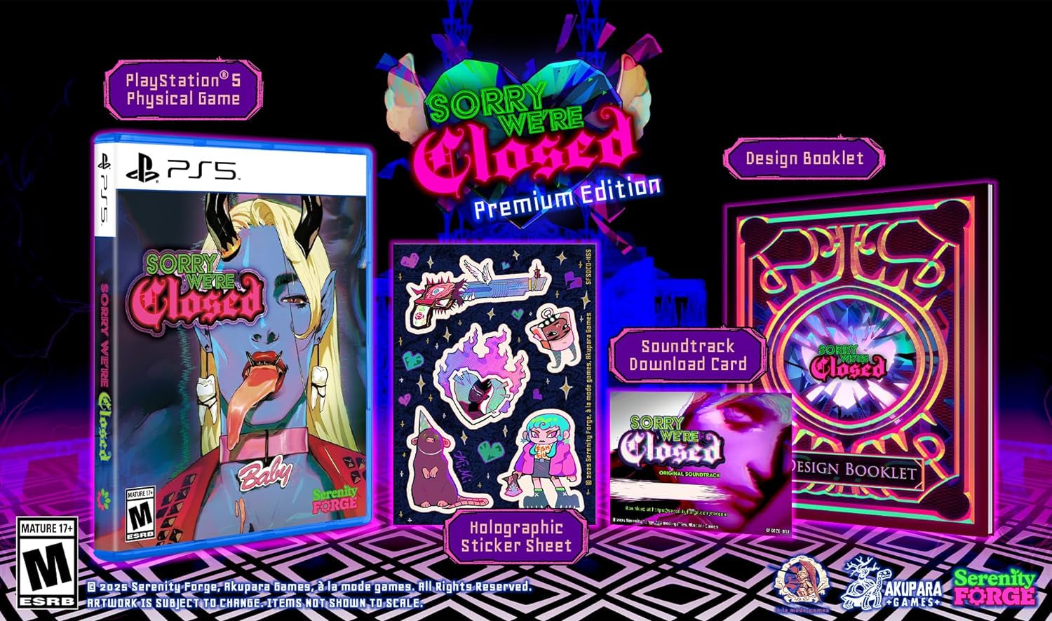 PlayStation 5 game case for 'Sorry We're Closed' with additional collectible items on a dark background.