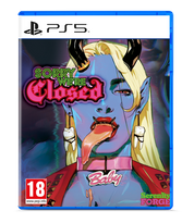 PS5 game case for 'Sorry We're Closed: Baby' featuring a stylized blue-skinned demon character with blonde hair, horns, and a pink outfit, shown on a white background with a blue PS5 case border.
