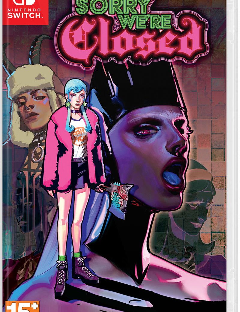 Video game cover for 'Sorry, We're Closed' on Nintendo Switch with stylized characters and neon text.