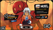 A stylized digital character card for a character named Noel, showing a white-haired anime-style girl in an orange coat holding a blue cup, with stats and labels like 'Gunner', 'Complexity', and 'Loadout' on an orange illustrated background.