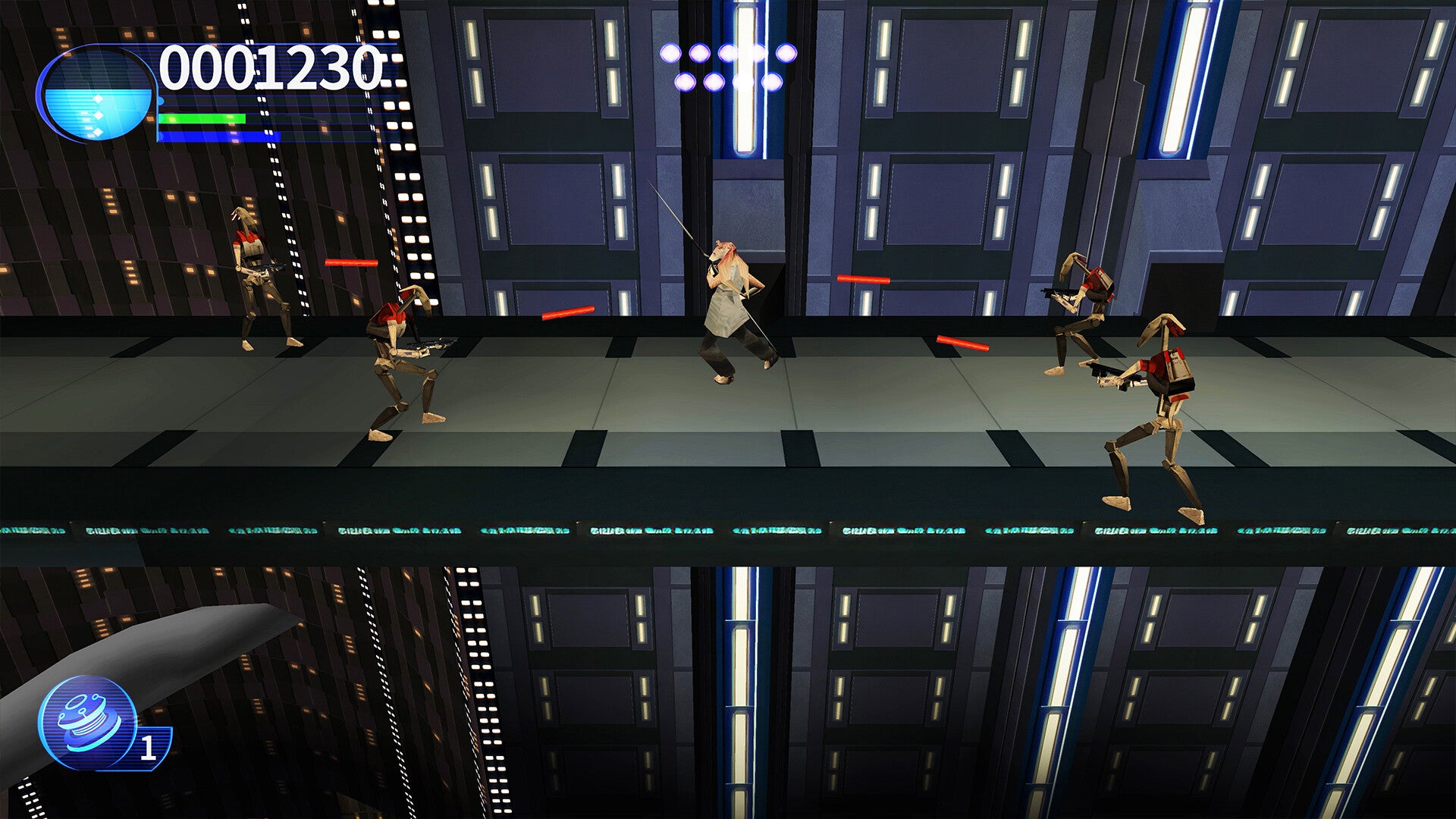 Screenshot of a video game with characters in a futuristic setting