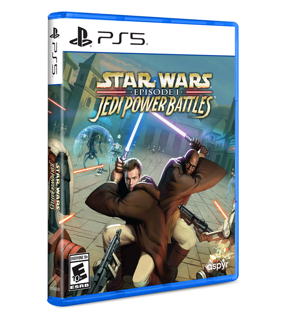 PlayStation 5 game case for 'Star Wars: Episode I Jedi Power Battles' with characters holding lightsabers and guns.