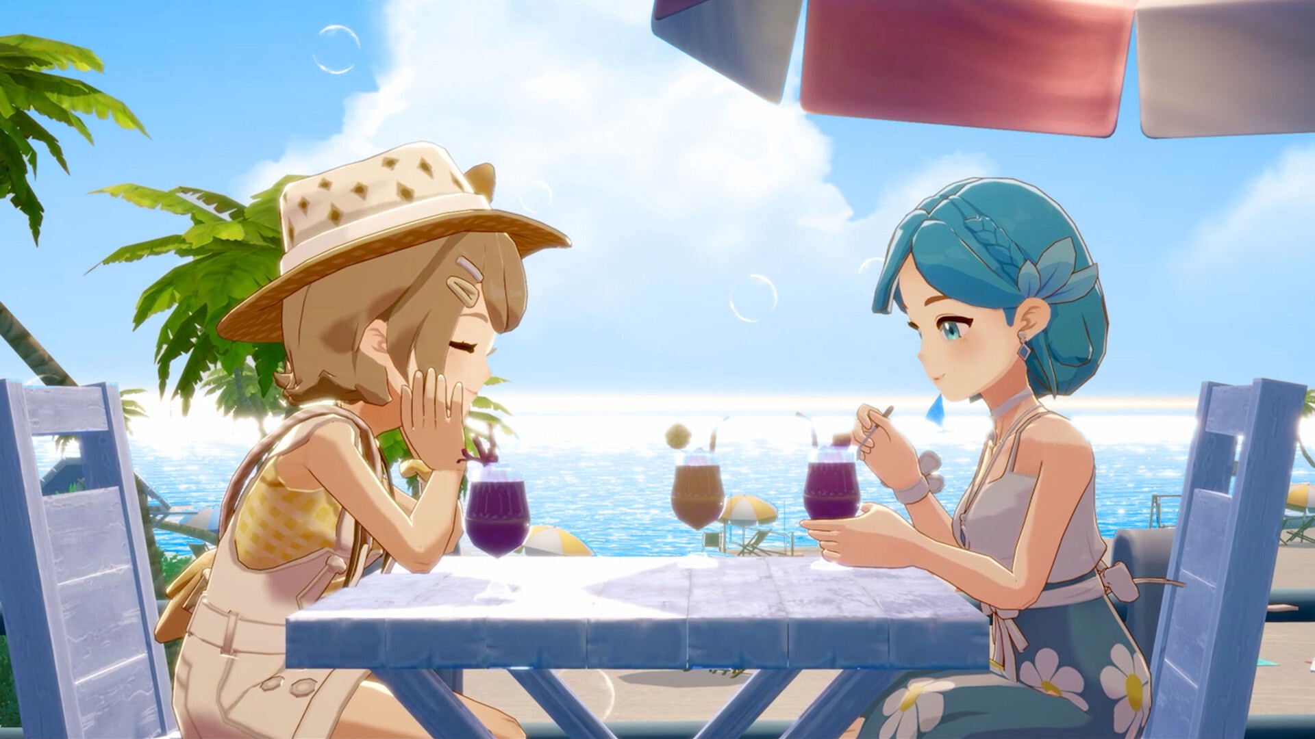 Two animated characters sitting at a table by the beach