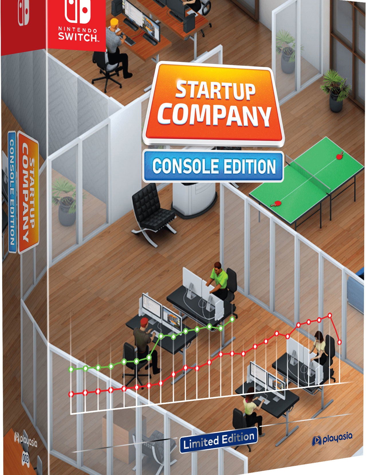 Box for 'Startup Company: Console Edition' on Nintendo Switch with office scene illustration.