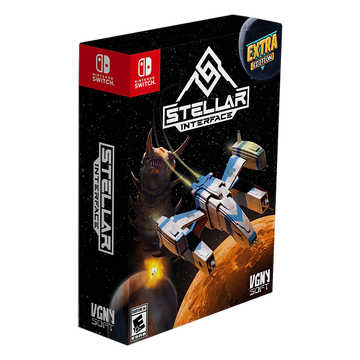 Stellar Interface game box for Nintendo Switch with robot and alien design on a black background