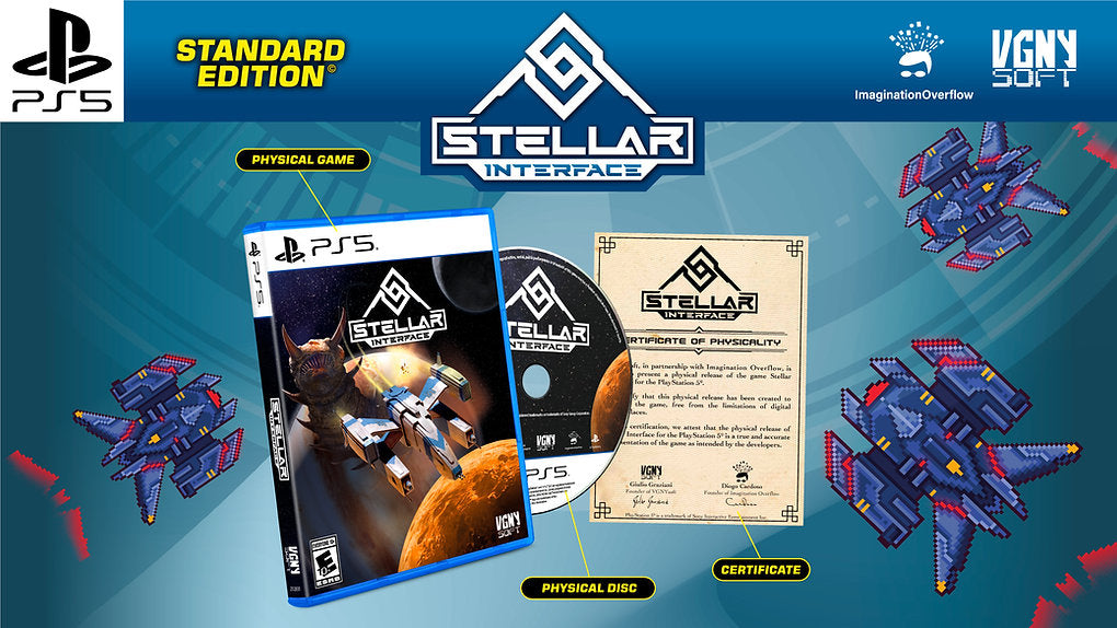 Stellar Interface game packaging with PS5 logo and VGNY Soft branding on a blue background.