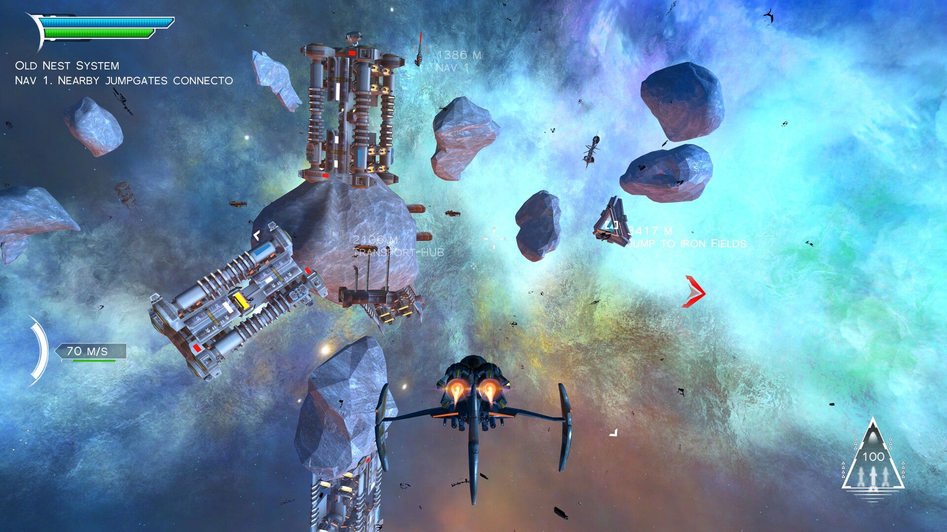 Space-themed video game scene with a spacecraft and rocky landscape.