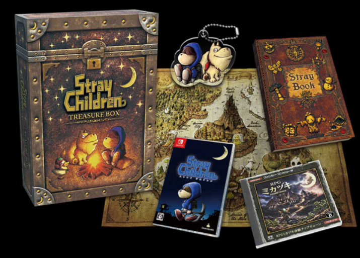 Nintendo Switch game box set for 'Stray Children' displayed with its treasure chest packaging, a character keychain, a 'Stray Book' companion book, the game case, and a Japanese mini-dVD case on a black background.