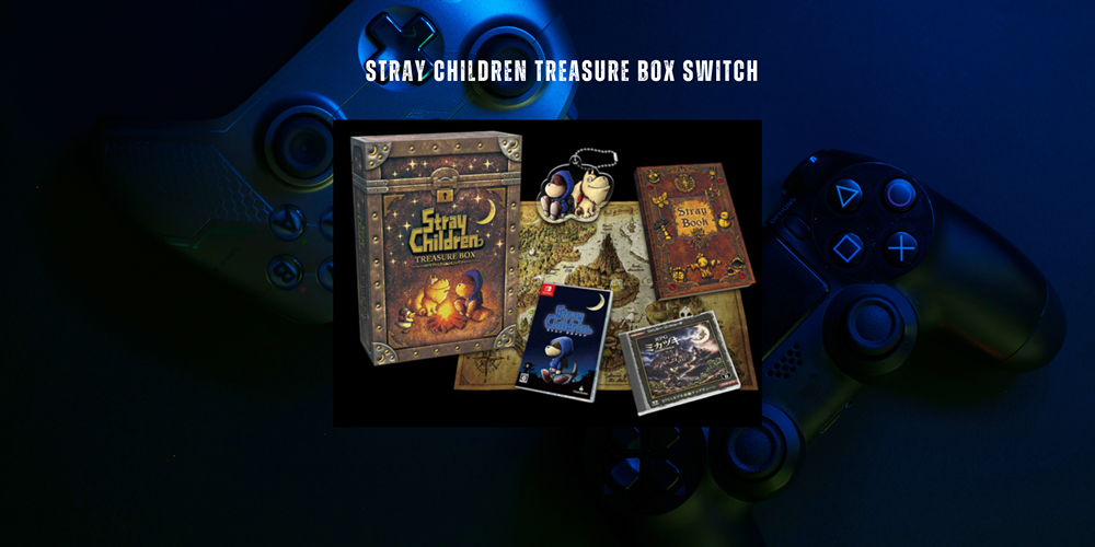 Stray Children Treasure Box Switch bundle displayed in a central black frame, featuring a decorative box, a map, a journal, a compass, and a game card, set against a dark blue background with two game controllers and the text 'Stray Children Treasure Box Switch' at the top.