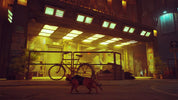 A cinematic night scene of a cyberpunk city storefront with glowing yellow lights, a bicycle parked under the awning, and a dog in the foreground.