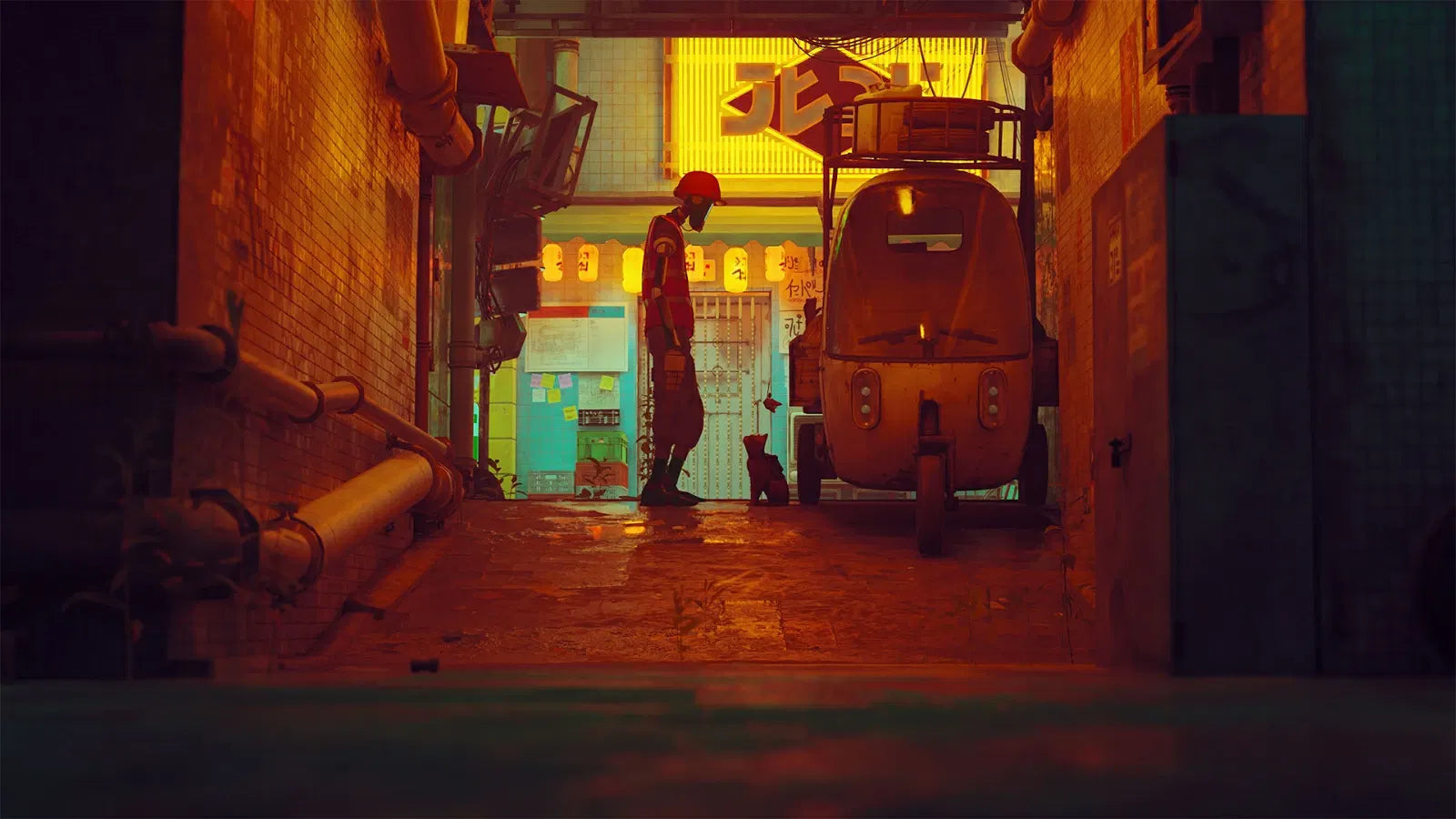 Person standing in a dimly lit alleyway with a vehicle and various objects around