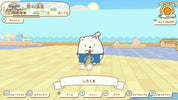 A digital illustration of a cute white bear character in a blue apron standing in a pastel-colored room with Japanese interface elements and text banners.