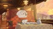 A warm, stylized scene of a white dog character wearing glasses and a red scarf, sitting at a table with teacups and papers inside a cozy train carriage. A large window shows a sunset sky outside.