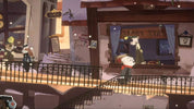 A stylized illustrated scene of a character standing at a shop window on a balcony, with other characters and buildings visible in a snowy village setting.