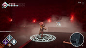 Gameplay scene with character and enemy in a dark, smoky arena.