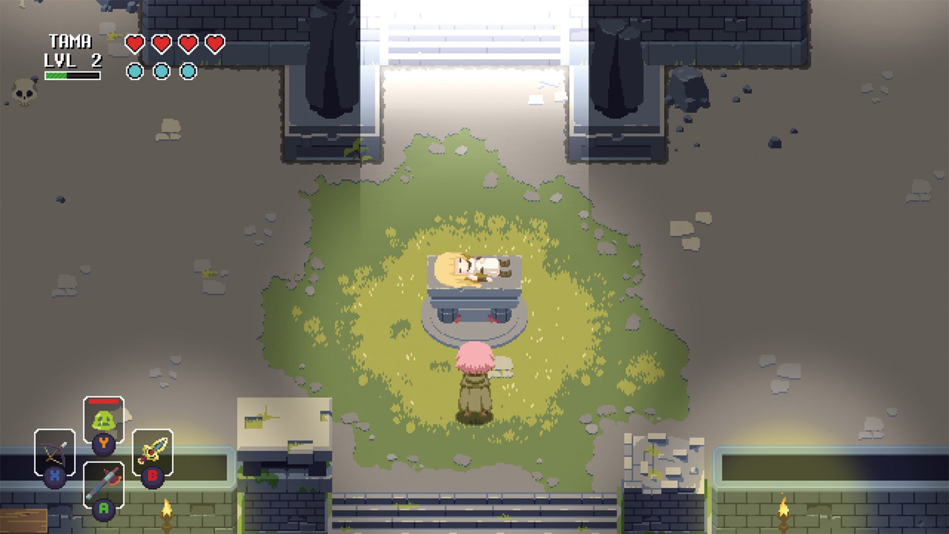 Video game screen showing a character in a dungeon-like setting with a map and health bars.