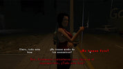 Character in a dark setting with dialogue text on screen