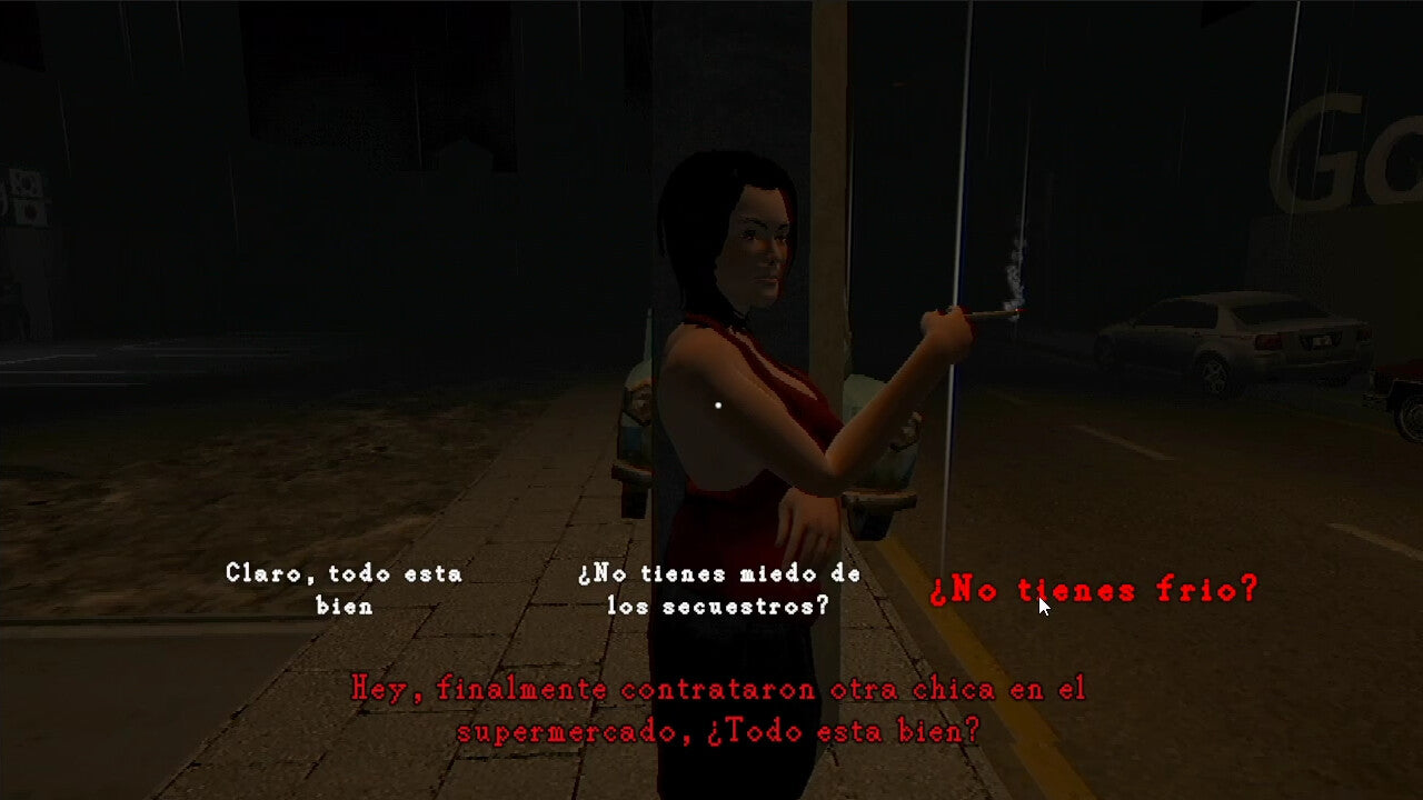 Character in a dark setting with dialogue text on screen