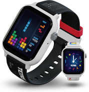 Smartwatch with a black band and a smaller device showing a timer on a white background