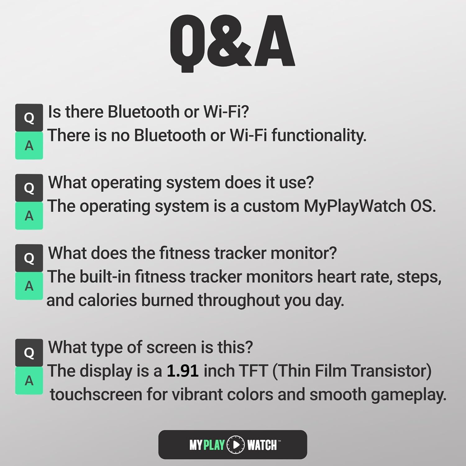 A digital infographic answering common questions (Q&A) about a MyPlayWatch device. The text details features such as lack of Bluetooth/Wi-Fi, custom MyPlayWatch OS, heart rate and step tracking, and a 2.
