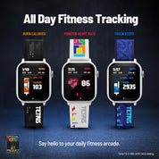 Three smartwatches with colorful digital straps are shown side by side on a dark blue background, each demonstrating fitness tracking features like burn calories, monitor heart rate, and track steps. Text at the top reads 'All Day Fitness Tracking' and the bottom says 'Say hello to your daily fitness arcade.