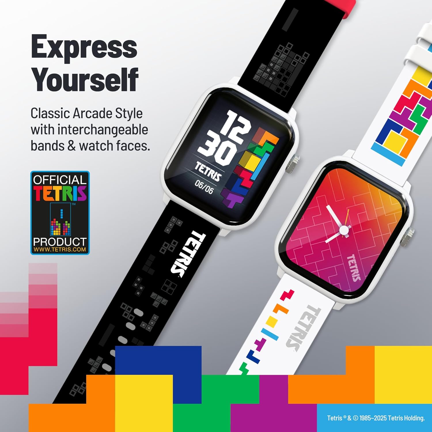 Smartwatch with interchangeable bands featuring Tetris design on a gray background