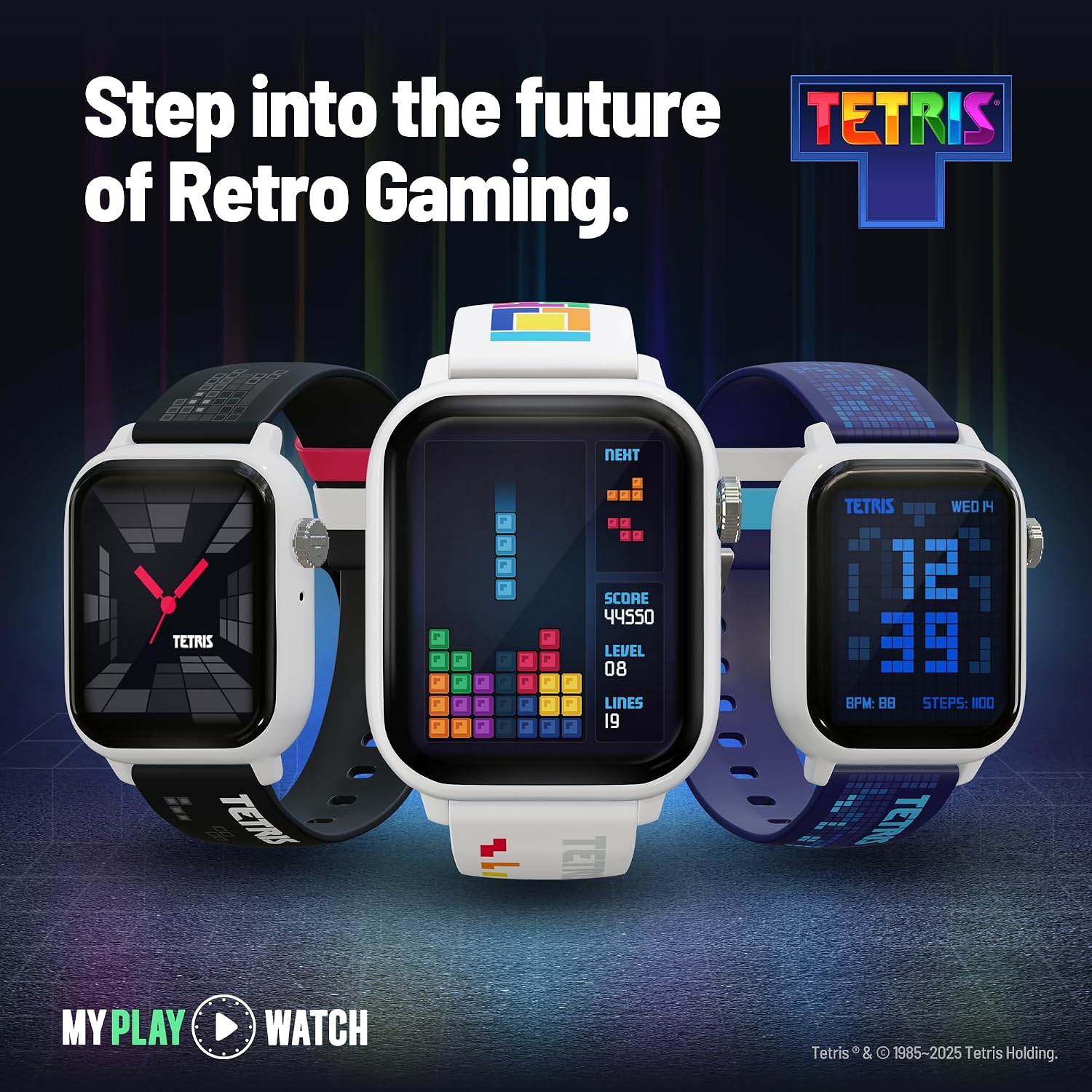 Smartwatches with Tetris game interface on a dark background, featuring the Tetris logo.