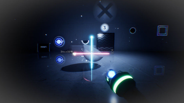 A futuristic dark gaming scene with a glowing green cylindrical controller in the foreground, a central glowing crosshair and card-like interface element, floating blue icons, and a dim sci-fi environment.