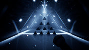 A dark, futuristic tunnel with glowing blue-white lines and a central pyramid of black triangular shapes. A black cylindrical object, resembling a flashlight or sensor, is visible in the bottom right corner.