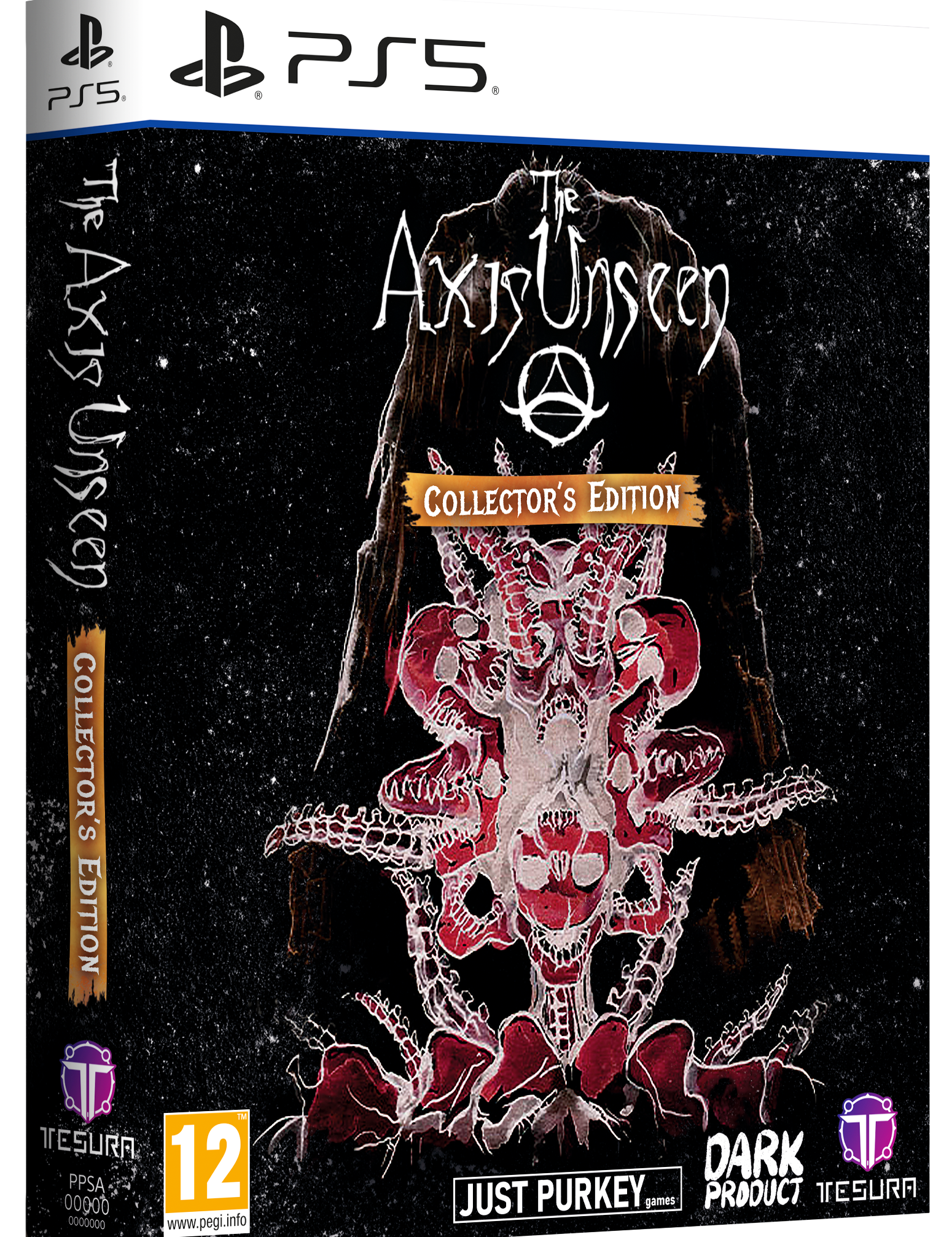 Game box for 'The Axis Unseen' Collector's Edition on PS5 with dark and intricate design.