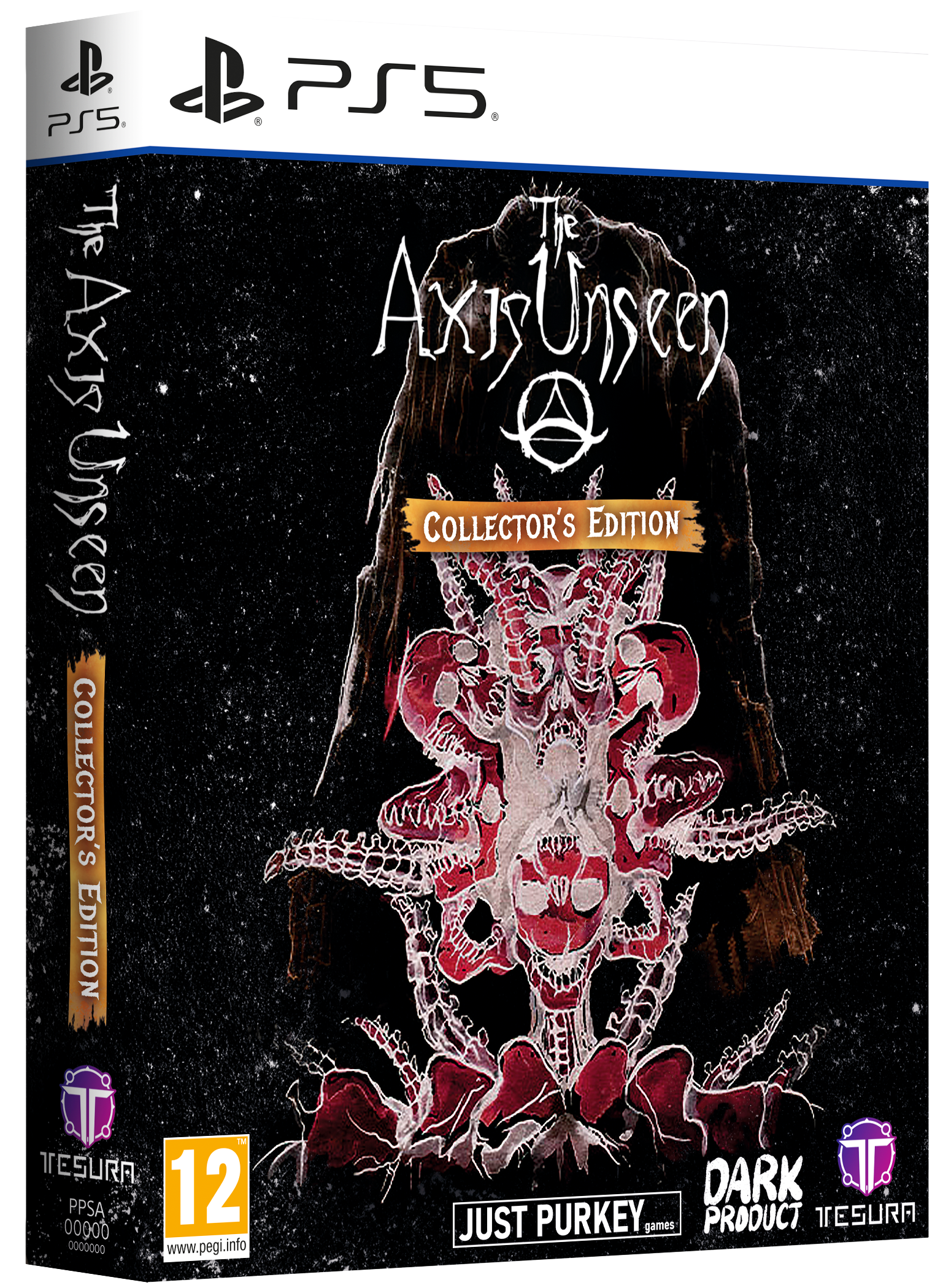 Game box for 'The Axis Unseen' Collector's Edition on PS5 with dark and intricate design.