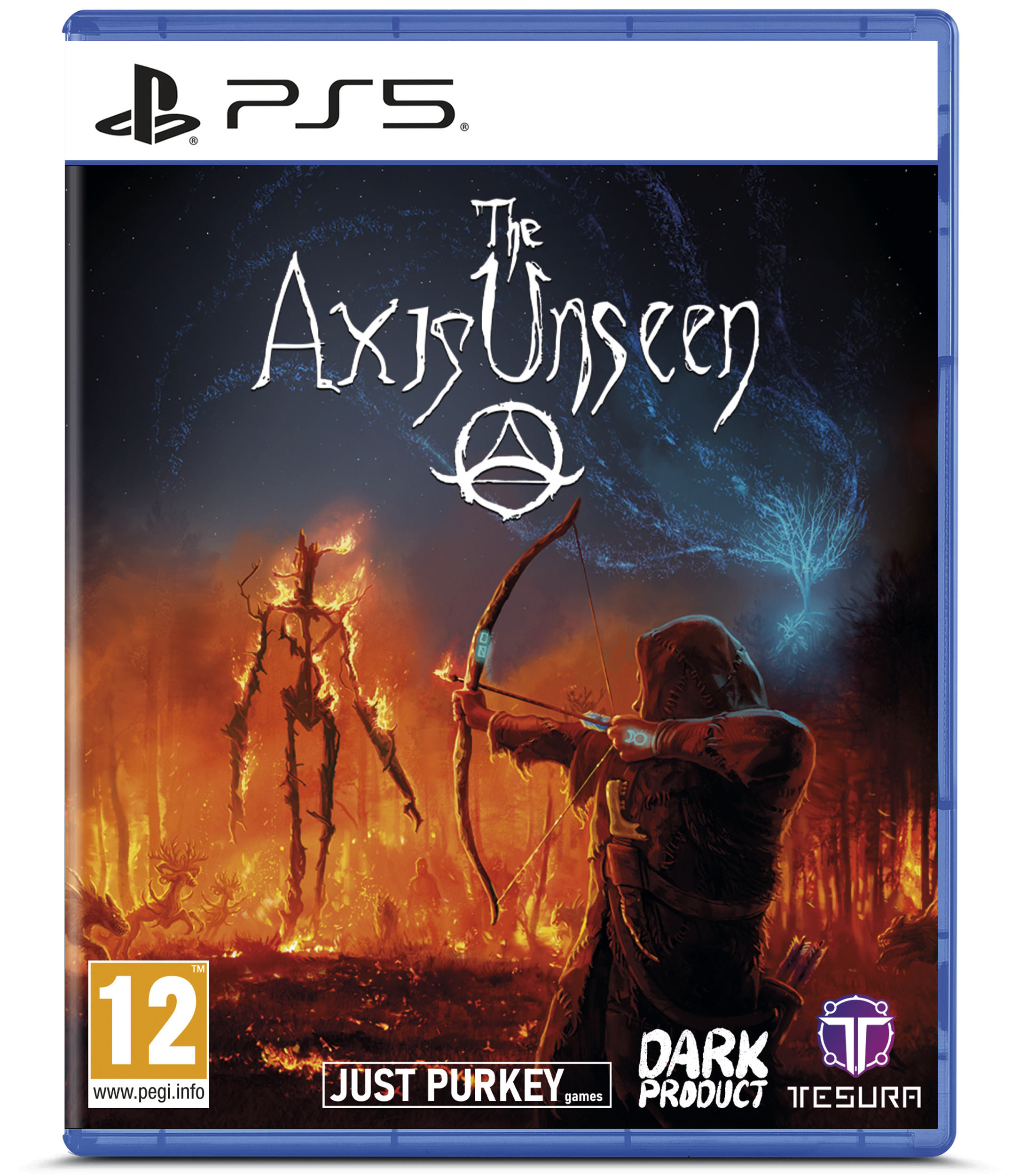 PlayStation 5 game disc for 'The Axis Unseen' with a hooded figure and skeleton in a dark fantasy setting.
