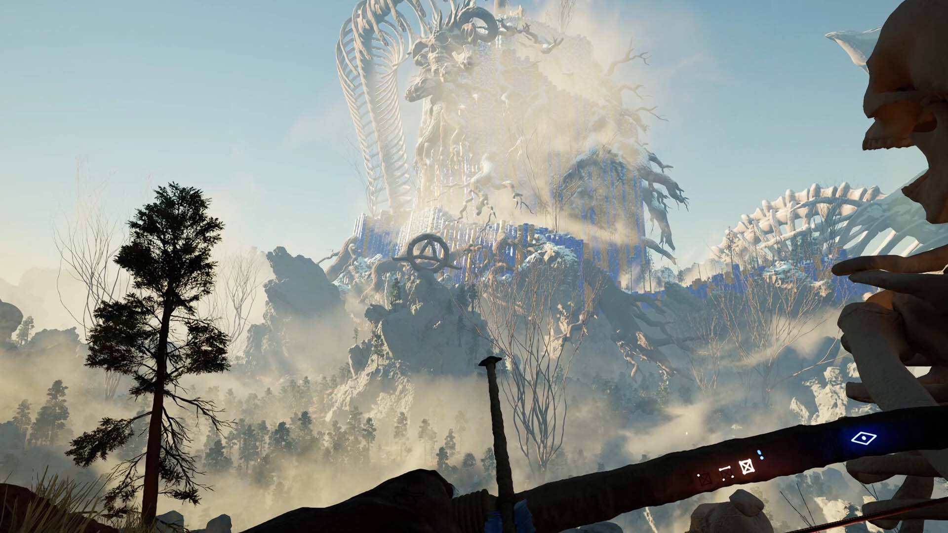 Scenic view with a large mechanical structure, trees, and a person holding a device.