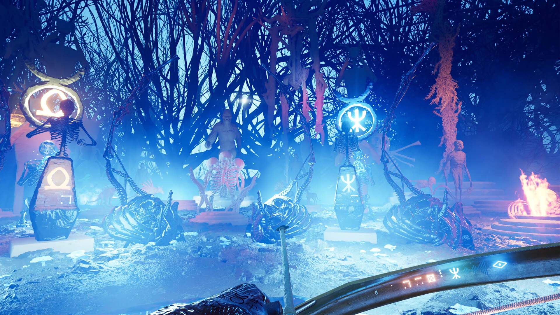 Frozen landscape with ice sculptures and glowing lights