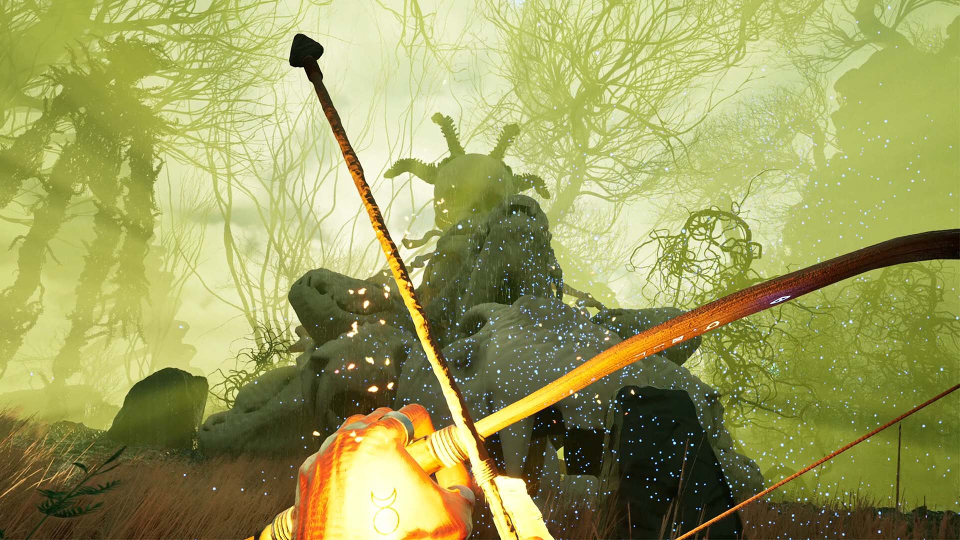 Person with bow and arrow aiming at a creature in a misty forest