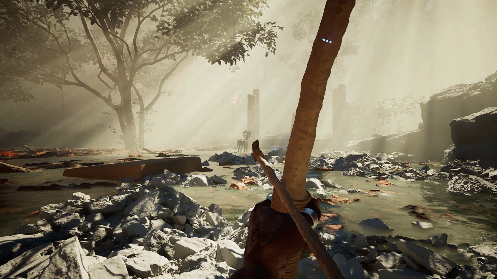 Game scene with a character holding a weapon amidst a chaotic battlefield with bodies and debris.