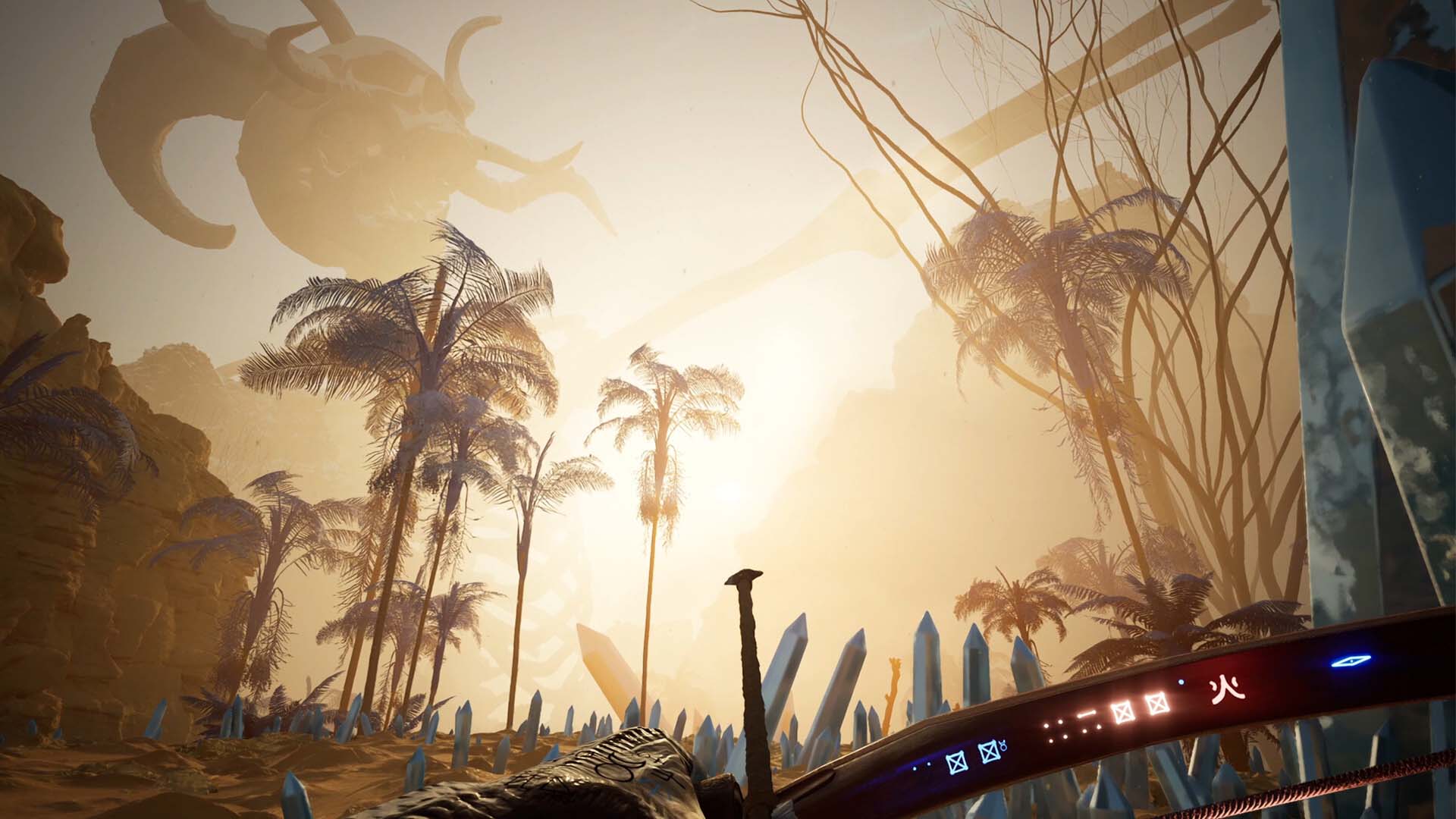 Sunset over a desert landscape with palm trees and a large creature silhouette.