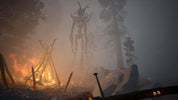 Campfire in a forest with mist and trees in the background