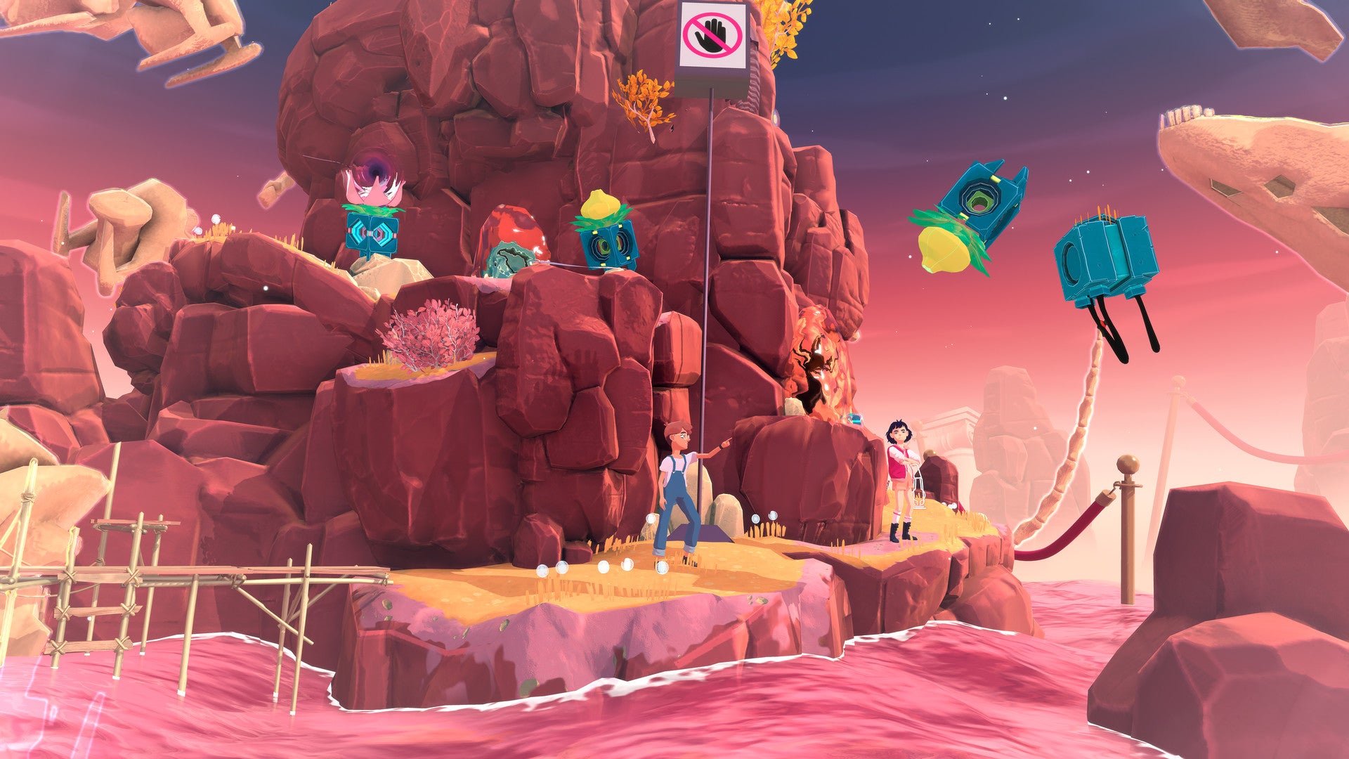 Colorful animated scene with characters on a rocky platform