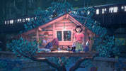 Two animated characters in a small wooden cabin at night with a bridge in the background.