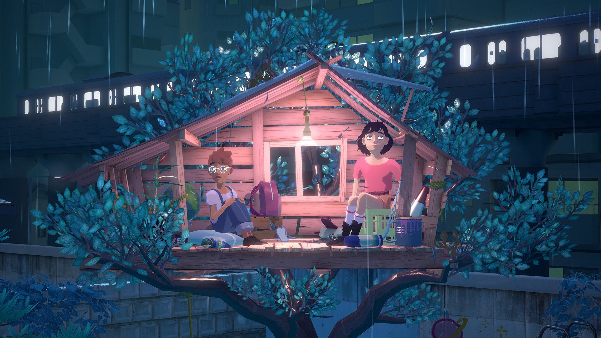Two animated characters in a small wooden cabin at night with a bridge in the background.