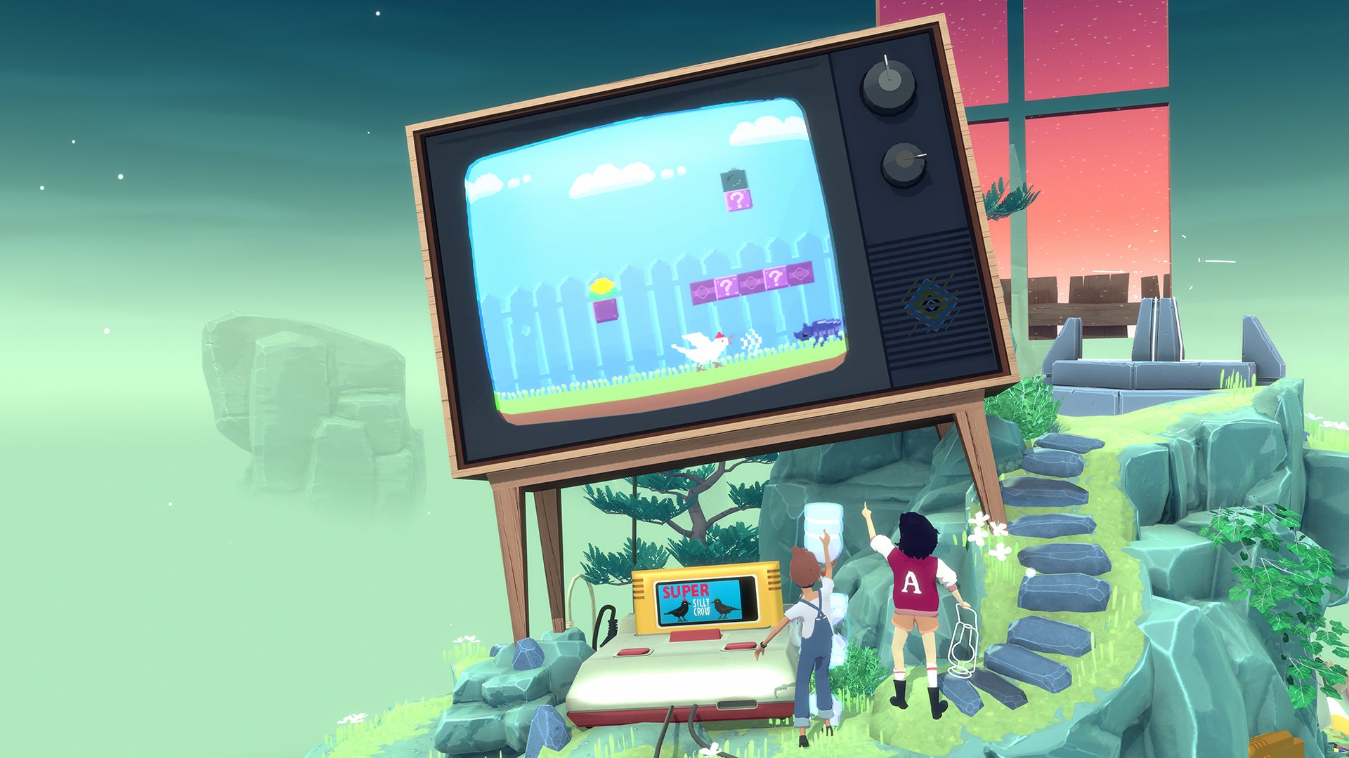 Vintage-style television with a video game on it, surrounded by people in an outdoor setting.