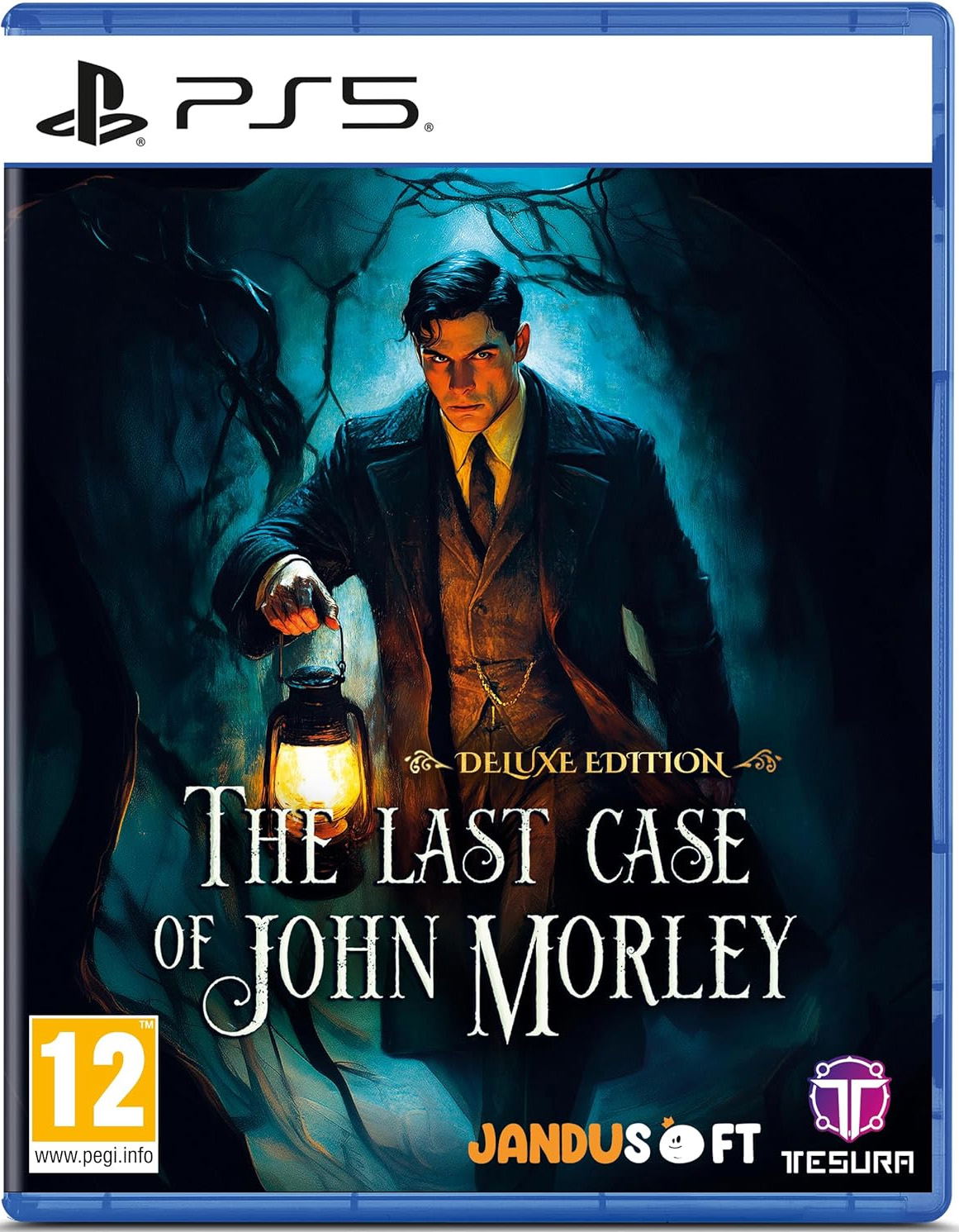 Game cover for 'The Last Case of John Morley' on PS5 with a detective holding a lantern.